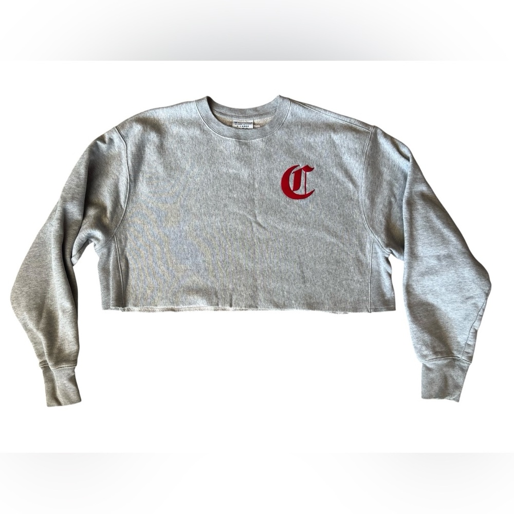 CHAMPION Reverse Weave Crop Varsity Patches Logo Gray XL Sweatshirt 90s Sporty